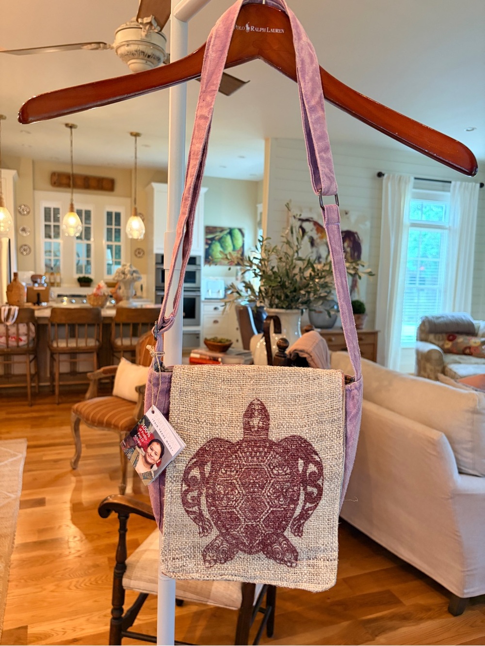 NWT EARTH DIVAS Lavender Canvas & Burlap Turtle Crossbody Bag.